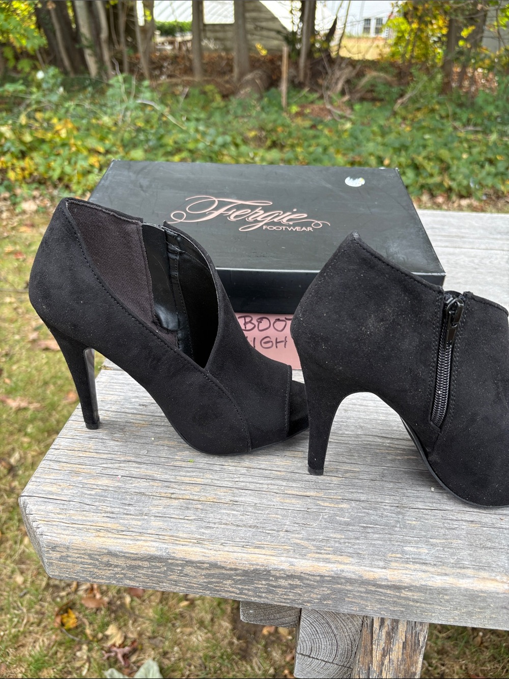 Fergie Tragic Black Suede Peep-Toe Ankle Booties with Side Zip - Picture 2 of 9